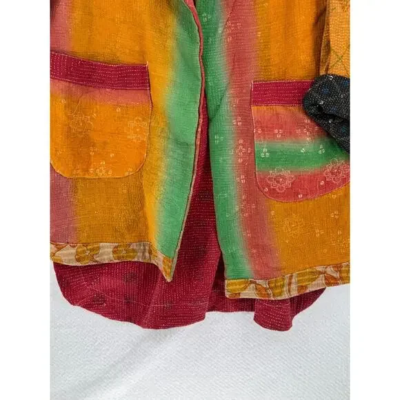 Kantha Bae Womens Colorful Orange Gauze Boho Open 3/4 Sleeve Jacket Free Size